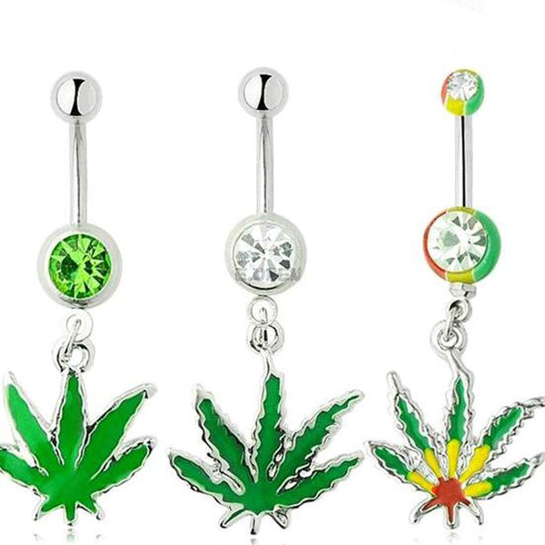 Green Leaf Stainless Steel Button Belly Piercing